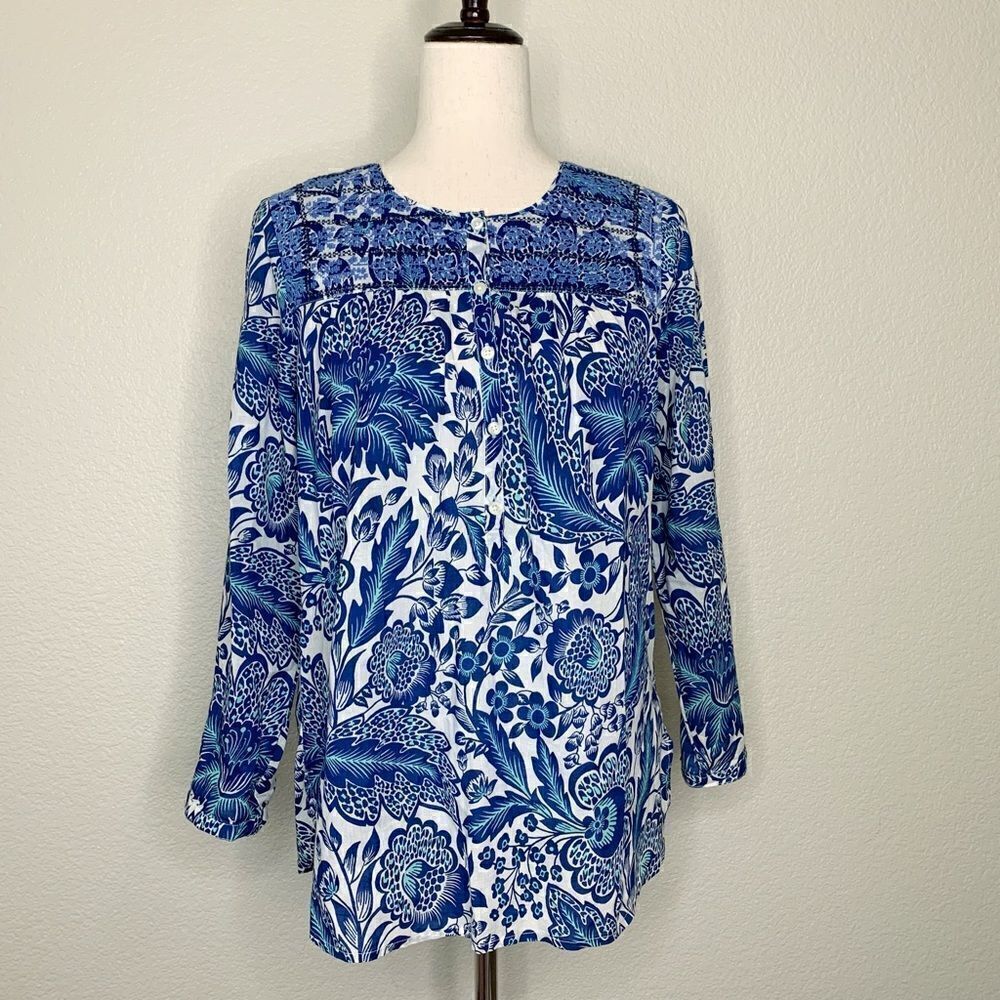 J. Crew Boho Blue Floral Embroidered Placket Top, Size XS
